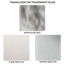  Three samples of Old California's translucent or transparent glass on a white background including water glass, clear seedy and frosted seedy.
