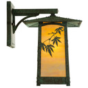  Profile view of a rustic, artistic wall mounted light fixture with Japanese Maple artwork, an aged verdigris finish and golden glass.