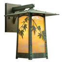  Three-quarters view of rustic, artistic wall mounted light fixture with Japanese Maple artwork, an aged verdigris finish and golden glass.