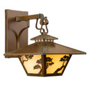  An Arts & Crafts style wall mounted light fixture on a hooked arm with a cupola, a dramatic taper, an aged patina finish, warm glass and Torrey Pine artwork.