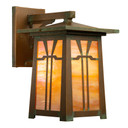  An Arts & Crafts wall mounted sconce light fixture with an aged brass finish and golden glass.