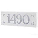  A solid brass illuminated house number plaque with a four number address, a white finish, white glass and corner glass accents.