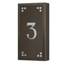  A solid brass, vertically oriented illuminated house number plaque with a single number address, a bronze finish, white glass and corner glass accents.