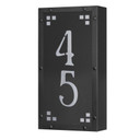  A solid brass, vertically oriented illuminated house number plaque with a two number address, a satin black finish, white glass and corner glass accents.