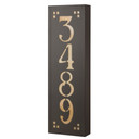 A solid brass, vertically oriented illuminated house number plaque with a four number address, a smooth bronze finish, warm-toned glass and corner glass accents.