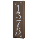  A solid brass, vertically oriented illuminated house number plaque with a four number address, a smooth bronze finish, white glass and corner glass accents.