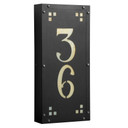  Angled view of a solid brass, vertically oriented illuminated house number plaque with a two number address, a satin black finish, warm-toned glass and corner glass accents.
