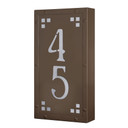  A solid brass, vertically oriented illuminated house number plaque with a two number address, a smooth bronze finish, white glass and corner glass accents.