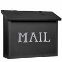  A classic, solid brass, large mailbox with a black finish and the word mail backed by glass.