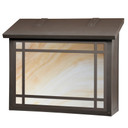  A large, Mission style mailbox with a linear border pattern, smooth bronze finish and warm white glass.