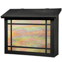  A large, Mission style mailbox with a linear border pattern, satin black finish and iridescent glass.