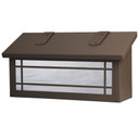  A horizontal, Mission style mailbox with a linear border pattern, smooth bronze finish and white glass.
