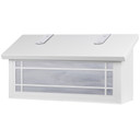  A horizontal, Mission style mailbox with a linear border pattern, satin white finish and white glass.