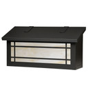  A horizontal, Mission style mailbox with a linear border pattern, satin black finish and off white glass.