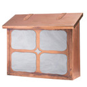  A solid brass, cottage or storybook style large mailbox with a rustic window cross pattern, a raw copper finish and white glass.