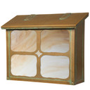  A solid brass, cottage or storybook style large mailbox with a rustic window cross pattern, aged patina finish and warm white glass.