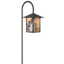  An artistic garden lantern on a shepherd's hook post with a smooth bronze finish, climbing ivy artwork and iridescent glass. The lantern is not illuminated.