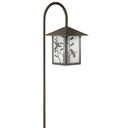  An artistic garden lantern on a shepherd's hook post with a smooth bronze finish, hummingbird artwork and white glass. The lantern is not illuminated.