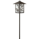  An artistic garden lantern on a post with a smooth bronze finish, butterfly artwork and white glass. The light fixture is not illuminated.