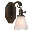  A solid brass Arts & Crafts or Craftsman sconce wall lantern with a hexagonal plate, turn key socket and a decorative, white glass shade. The fixture has an oil rubbed bronze finish.