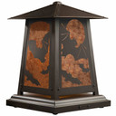  A beefy, rustic pedestal style table lamp with horror movie or Halloween style flying bat artwork, an oil-rubbed bronze finish and amber toned mica panels instead of glass.