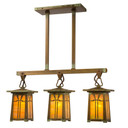  A linear Arts & Crafts chandelier with an aged patina, golden glass and a Gamble House design.