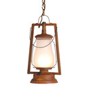  A rustic reproduction of a 19th-century, Dietz hot blast chain mounted pendant lantern from the frontier days of the Wild West with a rusty finish and frosted shade.