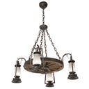  A wagon wheel chandelier made with four rustic reproductions of a 19th-century, Dietz hot blast, hooked arm lanterns. The lanterns look like they're from the frontier days of the Wild West with a black finish and frosted shades.