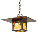  Low angle view of an authentic reproduction of the porte-cochere driveway lantern at the Blacker House in Pasadena, California. The lantern has an abstract vine design, aged patina finish and iridescent glass.
