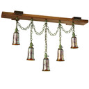  A five-lantern chandelier with draped chain inspired by the dining room of the Duncan-Irwin House in Pasadena, California. It features trumpet shaped cherry blossom blown glass shades.