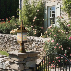  A decorative,Cottage style lamp post stands in a garden setting. The lamp post is made of brown metal with a stained glass panel displaying a mix of pastel colors. The lamp post has a peaked top and a square base, resting on a stone pillar.  