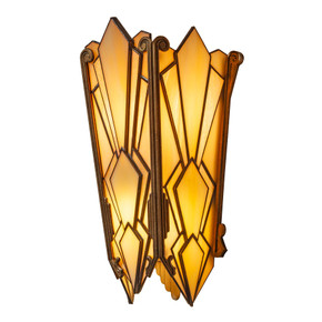  Art deco wall sconce with a mottled brass finish, golden iridescent glass and a intricate deco diamond design overlay. 