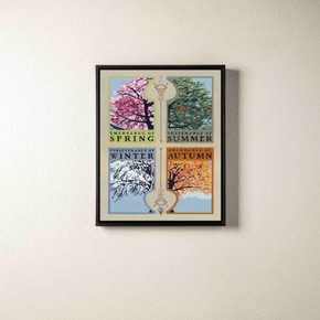  Arts & Crafts style seasonal canvas print by Julie Leidel featuring four tree panels representing the cycle of seasons. The artwork displays 