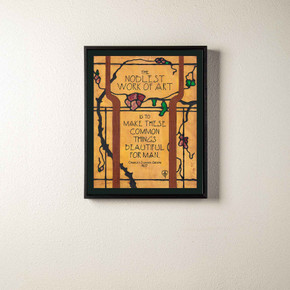  Arts & Crafts style inspirational canvas  print by Julie Leidel featuring stained glass floral motifs with red blooms on a gold background, and a quote from Charles Sumner Greene reading 'The noblest work of art is to make these common things beautiful for man.