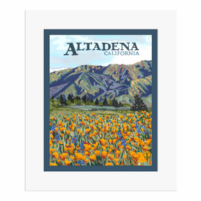  A matted art print of a landscape in Altadena, California with mountains and poppies.