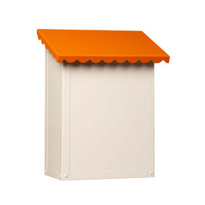  Angled view of a bone white vertical mailbox with a bright orange scalloped roof.