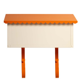  Front view of a bone white horizontal mailbox with a bright orange scalloped roof and matching orange magazine rack.