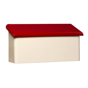  A horizontal, bullnosed Mid-Century Modern style mailbox with a red lid.