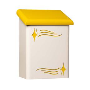  A vertical, bullnosed Atomic Age or Googie style mailbox with a yellow lid and a comet or shooting start cutout pattern.
