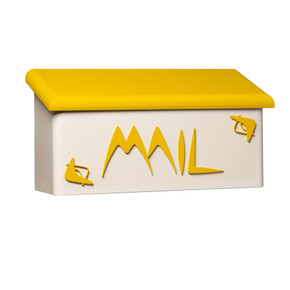  A rectangular, wall-mounted mailbox with a cream-colored base and a bright yellow roof. The word 