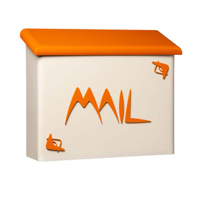  A large wall-mounted mailbox with a cream-colored base and a bright orange roof. The word 