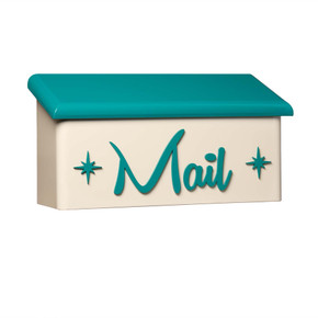  A stylized astro cream-colored mailbox with a teal lid, featuring the word “Mail” in a cursive teal script on the front, flanked by small starburst accents on both sides.