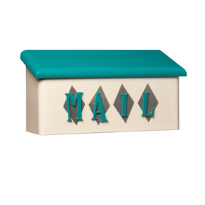  A stylized mid-century cream-colored horizontal mailbox with a teal lid, featuring the word “MAIL” in teal letters mounted over diamond-shaped metallic accents on the front.