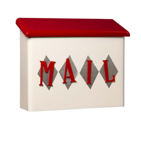  A stylized mid-century cream-colored large mailbox with a red lid, featuring the word “MAIL” in red letters mounted over diamond-shaped metallic accents on the front.