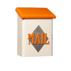  A rectangular, vertical wall-mounted mailbox featuring a cream-colored base and a slanting, bright orange roof. Centered on the front, the word 