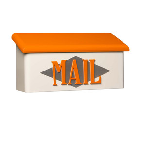  A rectangular, horizontal wall-mounted mailbox featuring a cream-colored base and a slanting, bright orange roof. Centered on the front, the word 