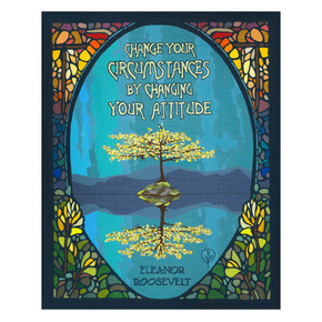  A vibrant artwork by Julie Leidel featuring a solitary tree with a vibrant yellow canopy on a rocky island in serene water, its reflection creating symmetry, backed by deep blue and purple silhouetted mountains, with the quote 