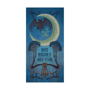  A stylized painting by Julie Leidel of a bat flying beneath a crescent moon against a deep blue night sky. Decorative trees and organic shapes frame the text “The Bat – Invite Intuition & Inner Vision.” It has a canvas texture.