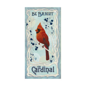  Vertical painting of a vibrant red cardinal perched on a branch surrounded by delicate vines and blue berries. Soft pastel tones frame the text “Be Bright – The Cardinal”. It has a canvas texture.