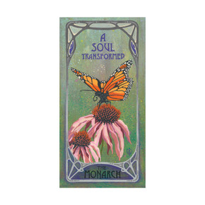 An vibrant Art Nouveau style painting featuring a monarch butterfly perched delicately on two pink flowers. The background is a soft, gradient green, flowing text reads 